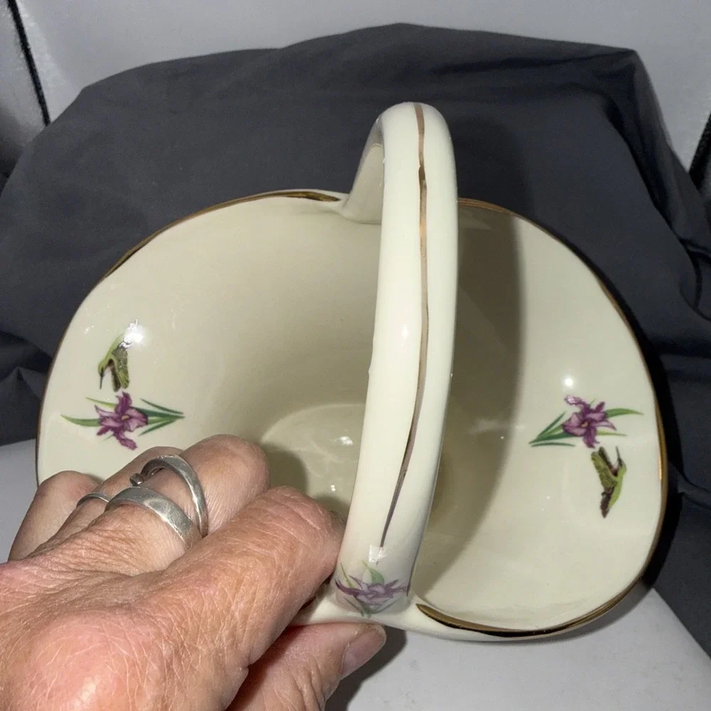 Porcelain Hummingbird Floral Basket Candy Dish Bowl Vase Planter 7.5